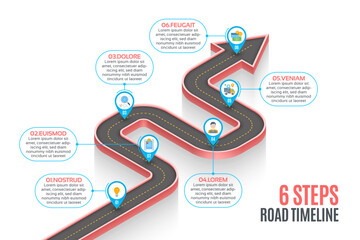 Isometric navigation map infographic 6 steps timeline concept. Winding road.