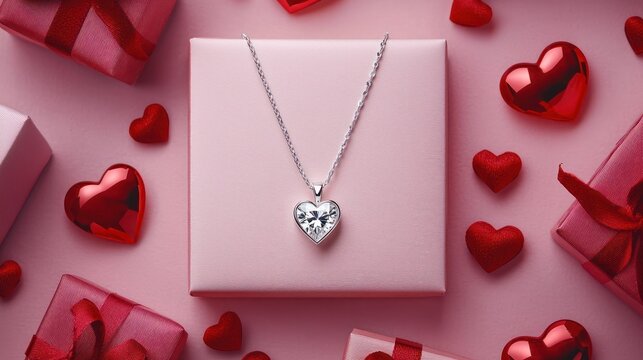 Valentine's Day jewelry product photography, a silver necklace with a heart-shaped diamond pendant surrounded by gift boxes and red hearts on a pink background. - Powered by Adobe