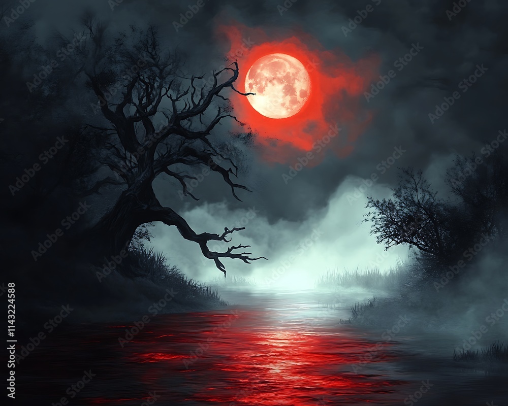 Wall mural Blood Red Moon Over Foggy River and Dead Tree