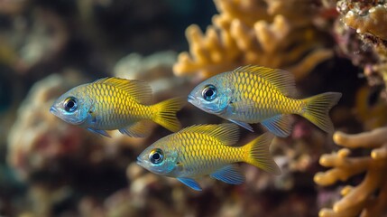 Obraz premium Three vibrant yellow fish swimming near coral in a clear underwater environment.
