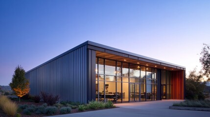 Obraz premium Modern architectural structure with large glass windows and clean lines at dusk.