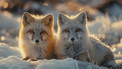 Two Red Foxes Resting Together in Snowy Landscape