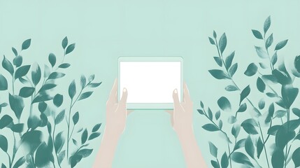  Background with minimalistic aqua green hands holding a tablet