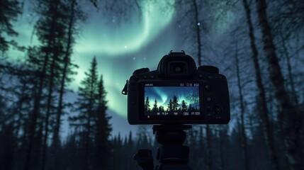 A camera captures the aurora borealis in a forest setting at night.