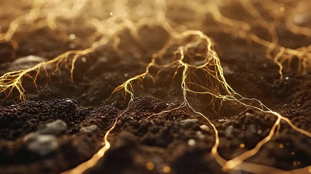 Golden Roots: A mesmerizing close-up of delicate, golden roots snaking through rich, dark soil, bathed in soft sunlight. This image evokes a sense of growth, connection, and the power of nature. 
