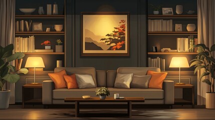 Cozy living room with a sofa, decorative plants, and warm lighting.
