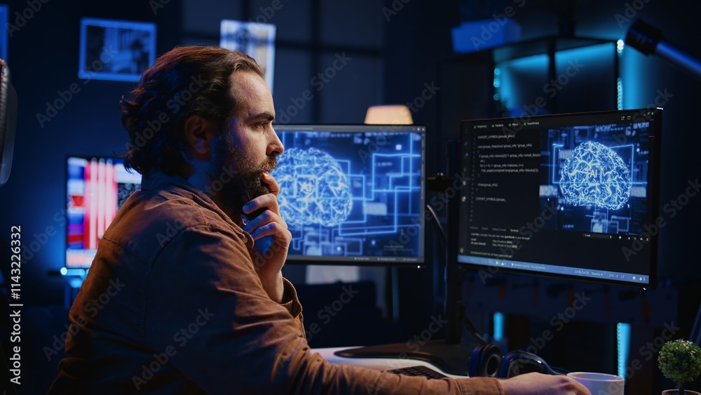 Poster computer scientist updating artificial intelligence neural networks, drinking coffee and writing cod