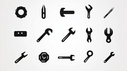 Obraz premium A collection of black tool icons, representing various hand tools and mechanical equipment.