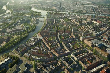 Fototapeta premium Aerial view of a modern cityscape with buildings, river and green areas bathing in warm sunlight on a summer day