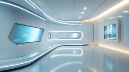 A sleek, futuristic interior with glowing walls and digital displays.