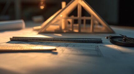 A wooden model house on blueprints with drafting tools, highlighting architectural design.