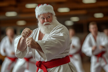 Bearded man in a Santa hat wears a martial arts outfit, striking a pose in a dojo. Concept of festive martial arts.