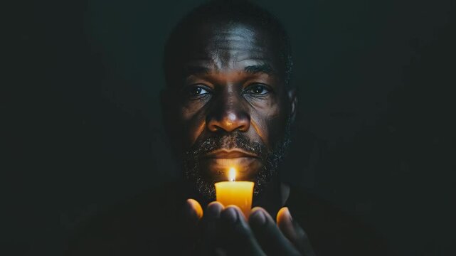African American man holding burning candle on dark background. Dramatic scene. Memorial and remembrance. Black History Month, Black lives matter