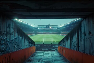 Football stadium pitch seen from the players tunnel access on a cloudy day with dramatic lighting