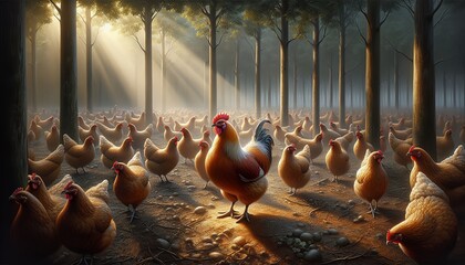 Group of chickens in a sunny area, with one chicken prominently standing in the center, symbolizing leadership and farm life.