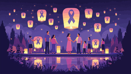 A serene night scene with glowing lanterns being released into the sky, each bearing a cancer awareness ribbon. Families and friends gather near a lake © Animasi