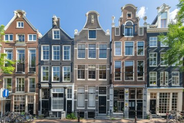 Fototapeta premium Traditional dutch architecture of colorful narrow buildings lining a canal on a sunny day in amsterdam