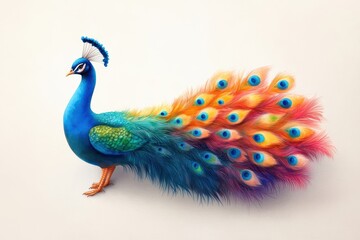 Fototapeta premium A vibrant peacock displays its colorful plumage, showcasing stunning shades of blue, green, and orange in an elegant pose.