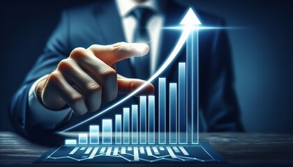 Businessman in a suit points at a bar graph with an upward arrow, symbolizing financial growth and corporate success.