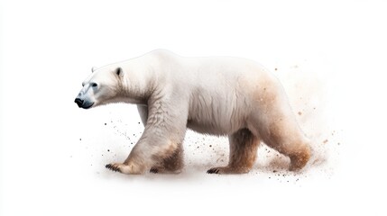 Fototapeta premium A polar bear traverses a snowy landscape, showcasing its powerful form against a minimalistic backdrop.