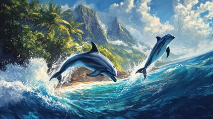 Fototapeta premium Two dolphins leap from vibrant waves near a tropical landscape under a bright sky.