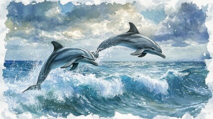 Fototapeta premium Two dolphins leaping over ocean waves under a cloudy sky, showcasing marine life beauty.