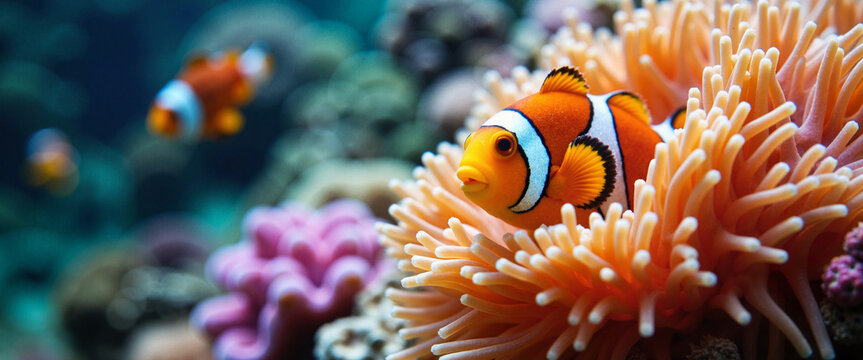 Clownfish swimming among colorful coral reef underwater