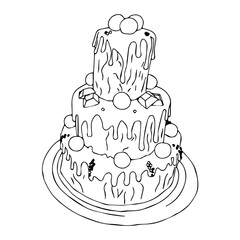 Three-tier cake decorated with chocolate candies, sprinkles, and almonds. Vector illustration in doodle style isolated on white background.