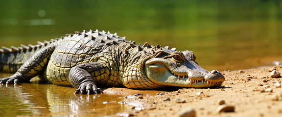 Obraz premium Crocodile resting on riverbank in sunlight