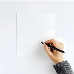 a hand writing in pen top view on a white background