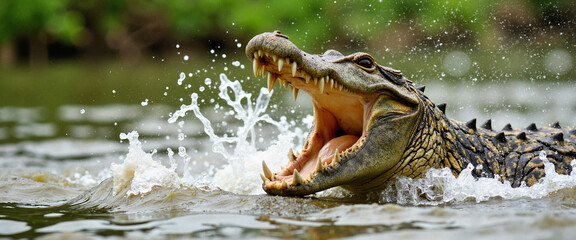 Fototapeta premium Crocodile with open jaws splashing in water