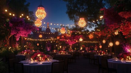 Romantic garden party at night with lights and flowers.