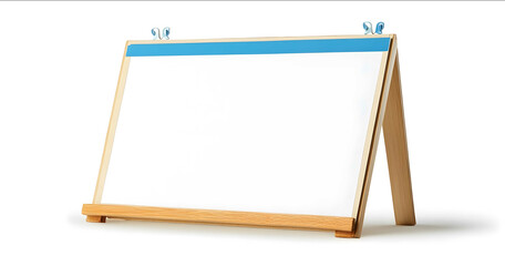 A blank white bluetinted tabletop flip chart with wooden edges and tan paper on the front set against an isolated background The chart is angled to display its edge