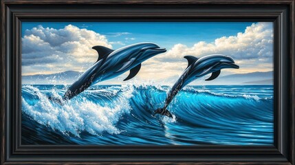 Two dolphins gracefully leap from vibrant waves under a bright sky.