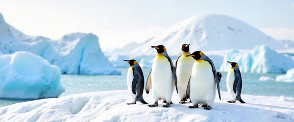 Fototapeta premium Emperor penguins standing on ice in Antarctic landscape