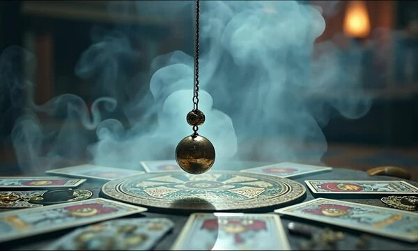 Mystical cartomancy pendulum on a blurred altar with defocused elements creating an ethereal spiritual atmosphere