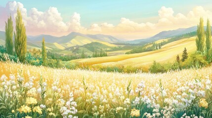 Obraz premium Serene landscape of rolling hills, golden fields, and white wildflowers under a vibrant sky.