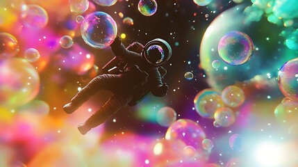 Astronaut floats amidst colorful iridescent bubbles in space