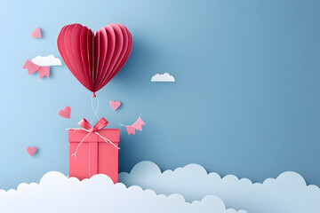 Fototapeta premium gift box with heart balloon floating on the sky. paper art. High quality photo