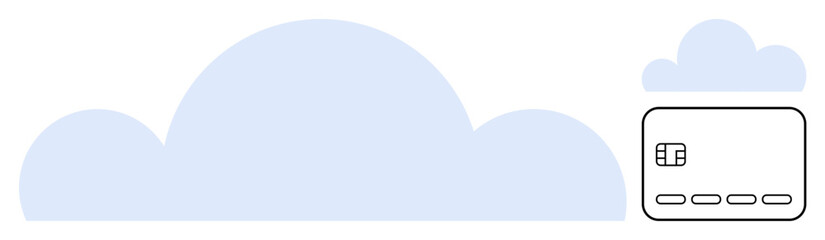 Depicts a simplified credit card adjacent to large and small cloud graphics. Ideal for digital payments, cloud computing, online transactions, fintech, banking, data security, and resource