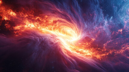 A vibrant cosmic swirl of fiery plasma and swirling gases creates stunning visual of universe energy