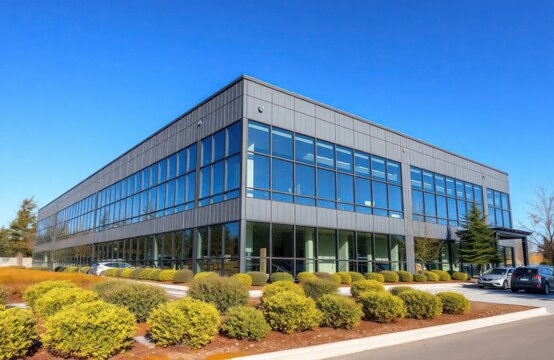 Modern building with large windows, metal roof. Exterior shot of office complex on sunny day. Landscaped area with bushes surrounds building. Cars parked near entrance. Commercial facility office