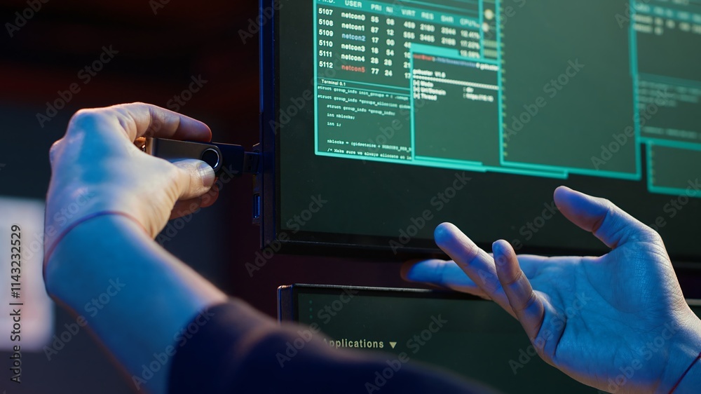 Poster hacker doing illegal activities in secret underground base, uploading usb flash drive containing dat