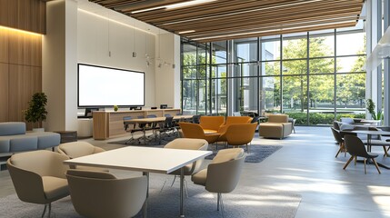  Laptop with white mockup screen placed on table in common area of contemporary office center, copy room