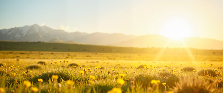 Sunset over wildflower meadow with mountain backdrop