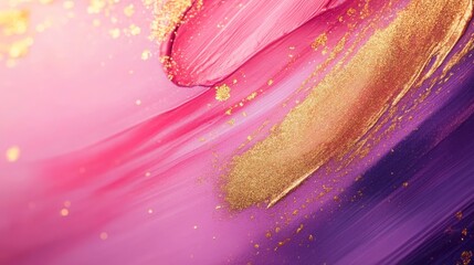 A vibrant and chic beauty industry background featuring a blend of bold pink, gold, and purple gradients with subtle glitter accents, abstract makeup brush strokes and soft glowing particles, 16:9