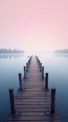 Wooden Pier Extending into a Misty Lake Surrounded by Still Water and a Pink-Hued Horizon – Phone...