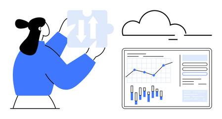 Businesswoman holding a puzzle piece with arrows contemplating a cloud and data on a screen. Ideal for business strategy, cloud integration, data analysis, problem-solving, planning, teamwork