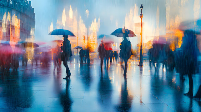 A rainy street scene with umbrellas blurred by moving people.