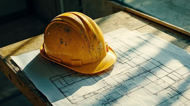 Construction Safety Helmet on Blueprint: A close-up shot of a worn yellow hard hat resting on a blueprint.  The image evokes a sense of safety, precision, and hard work in the construction industry. 